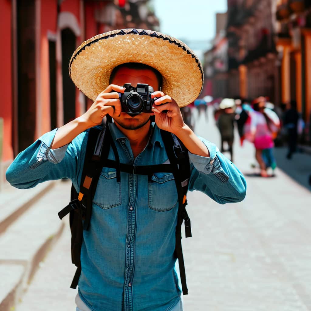 Turista en México tomando fotos con una camara