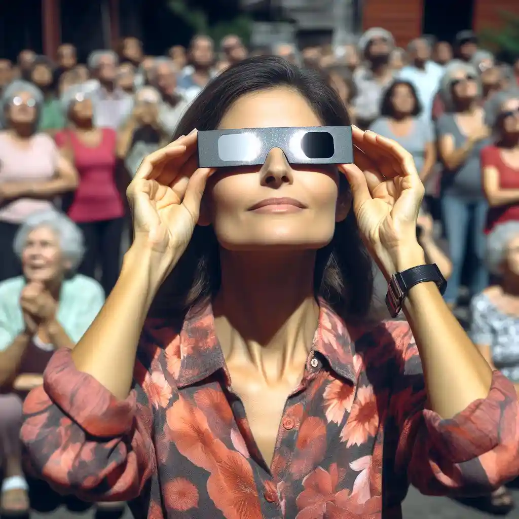 Mujer observado el eclipse en Sinaloa con gafas especiales